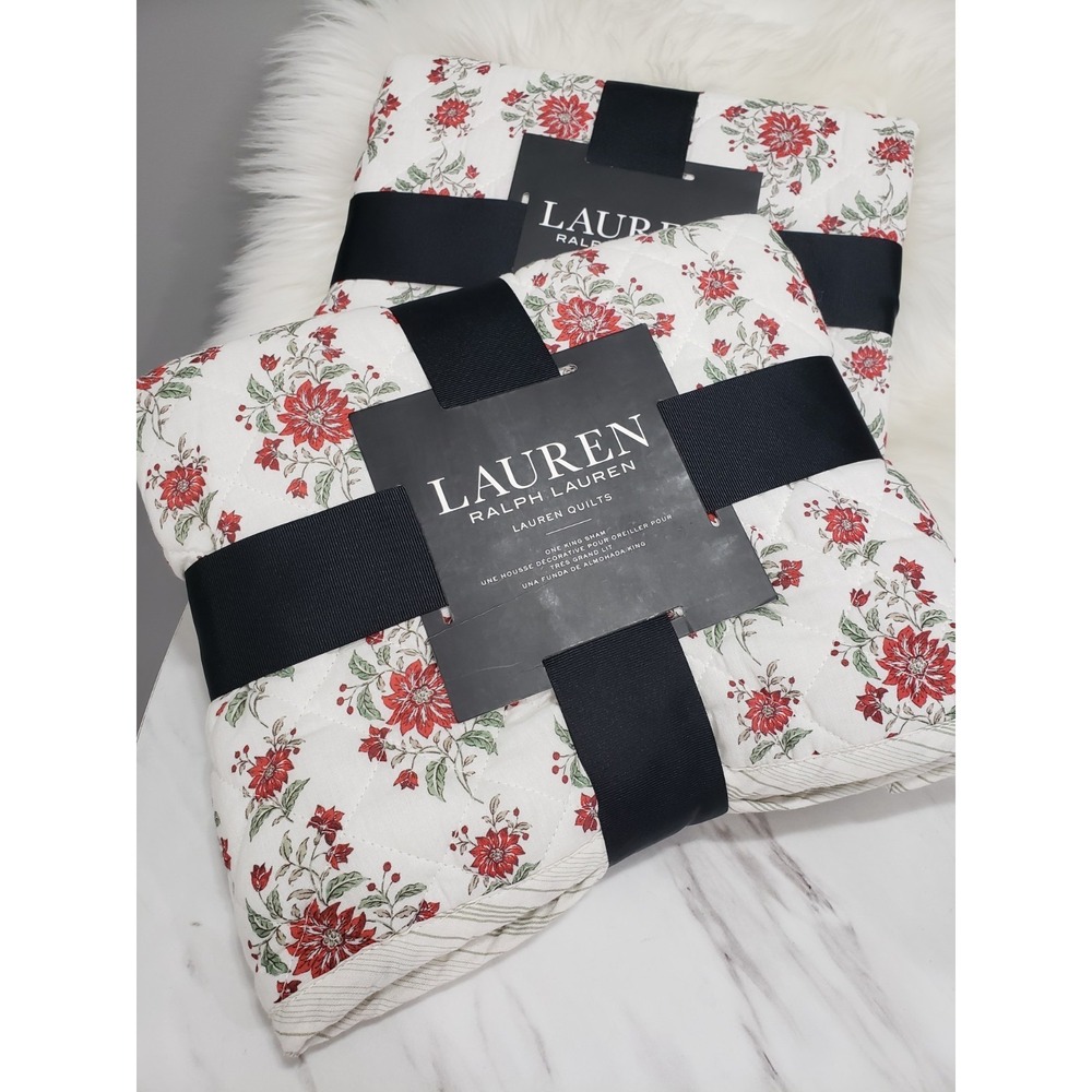NEW LOT 2 Ralph Lauren Pillow Sham King Quilted Maren Cotton Red White Floral